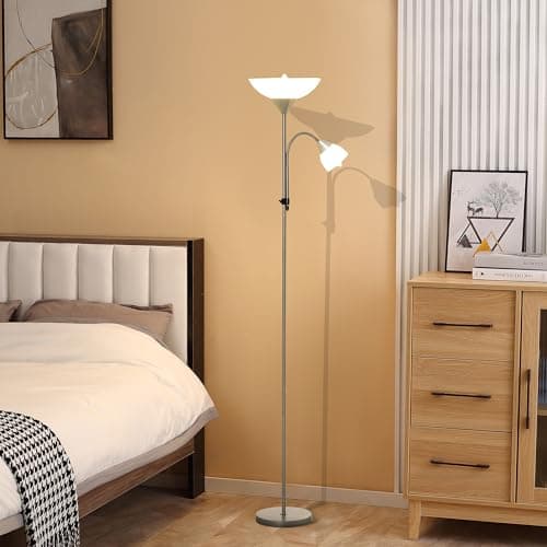 Image of HOMCOM LED Floor Lamp for Living Room, 180cm Tall Standing Lamp, Mother and Child Uplighter with Adjustable Gooseneck, Silver Tone