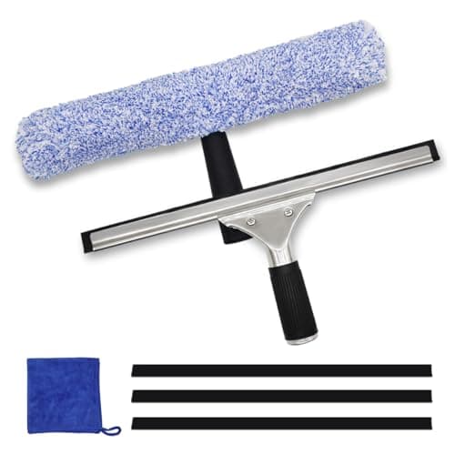 Image of Professional Window Cleaning Kit - Window Cleaner Tools with 14" Squeegee, Microfiber Scrubber, 3 Rubber Blades & Cloth for Shower Glass, Mirror, Door & Car