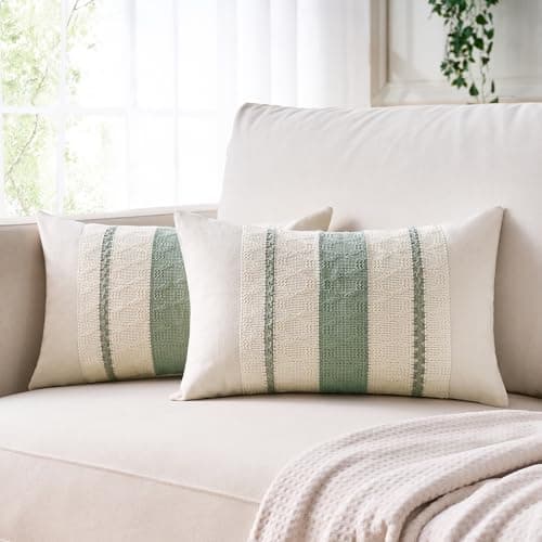 Image of Cushion Covers Sage Green Boho Striped Geometric Decorative Cotton Pillowcases 30x50 cm Autumn Rustic Farmhouse Sofa Cushion Cover Set of 2 with Smooth Invisible Zip for Home Decor Sofa Bedroom Car