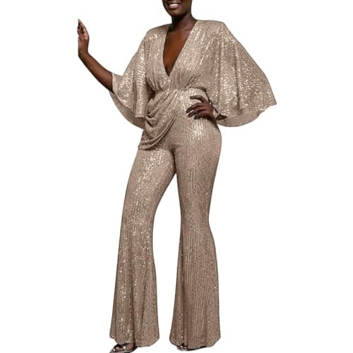 Image of Mymyguoe Jumpsuit Women's Elegant Long Sleeve V-Neck Glitter Playsuit Cocktail Party Overalls Carnival Costume Sequins Trouser Suit Romper 70s Outfit Sequins Jumpsuit, Rose Gold, XL