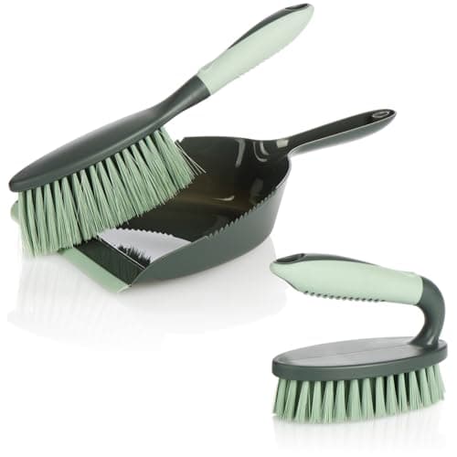Image of com-four® 3-piece cleaning set - hand brush, dustpan, hand brush - sweeping set for the household - hand brush and dustpan (grey-light green 3 pcs.)