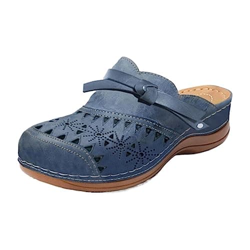 Image of Clogs Slipper for Women Leather Comfort Wedge Sandals Hollow Out Mules Outdoor Closed Toe Slip On Platform Shoes Outdoor Beach Mule Slides Blue