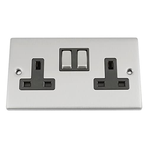 Image of Double Plug Socket 2 Gang - Satin Chrome - Square - Black - Metal Rocker Switch - 13 Amp