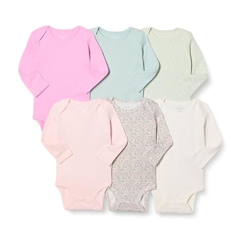 Image of Amazon Essentials Unisex Babies' Long-Sleeve Bodysuits, Baby Vests, Pack of 6, Floral/Pink, 12 Months