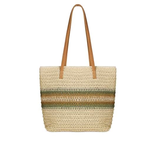 Image of Woodland Leathers Women's Straw Shoulder Bag, Medium & Large Summer Beach Tote with Zipper, Durable Leather Handles, Women Holiday Shoulder Bag with Versatile Styles and Colours (Green Strip)