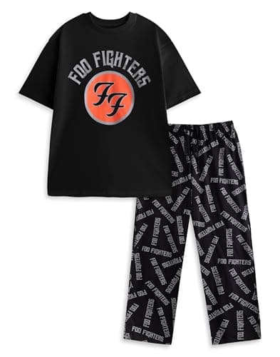 Image of Foo Fighters Mens Black Short Sleeve Long Leg Pyjama Set | Crew Neck Sleepwear with Band Logo | Music Loungewear for Relaxation & Lounging Merch - Large