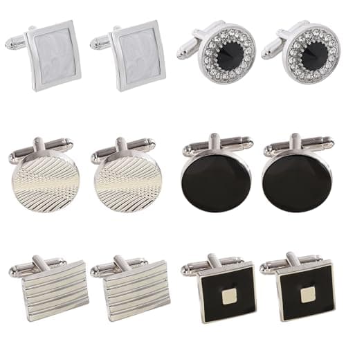 Image of DKDDSSS 6 Pairs Cufflinks for Men, Black and Silver Striped Cuff Links, Wedding & Business Formal Wear