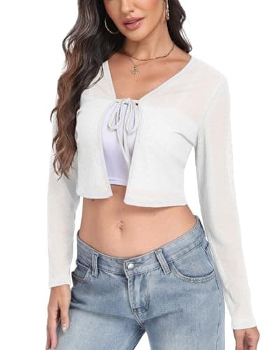 Image of PrinStory Ladies Shrugs Long Sleeves Summer Cardigan for Women Open Front Crop Top Soft Tie Front Lightweight Bolero Outwear (White, XS)