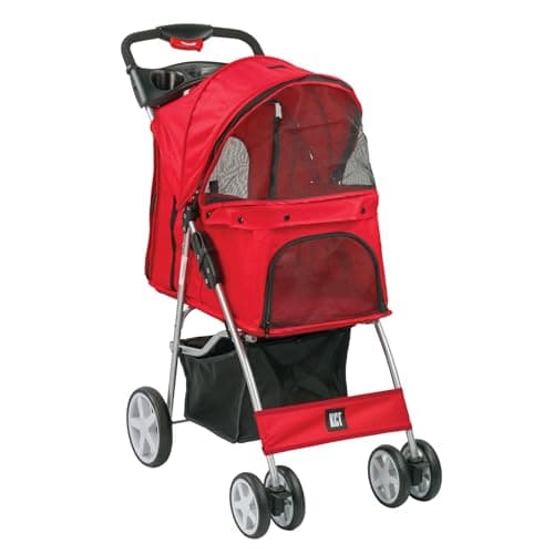 Image of KCT Hooded Foldable Pet Dog Cat Stroller Red- 4 Wheel Travel Carriage with Safety Leash, Canopy, Cup Holder, Storage Tray