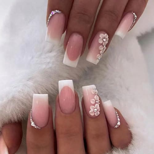 Image of 24 Pcs False Nails Square - Glitter Nude Pink Press on Nails with Flowers Design - Full Cover Fake Nails for Women and Girls - Nail Art (Nude Pink,Glitter)