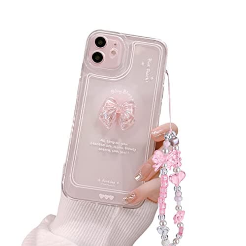 Image of Ownest Compatible with iPhone 12 Mini Case, Cute 3D Pink Bowknot Slim Clear Aesthetic Design Women Girls Sparkly Protective Phone Cases for iPhone 12 Mini + Glitter Crystal Chain