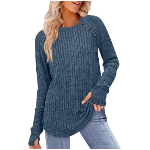 Image of Jumpers for Women Longline Sweater Crew Neck Long Sleeve Tops Lightweight Knit Jumpers Ladies Button Side Splits Tunic Blouses Cosy Pullover Sweatshirt Fashion Autumn Winter Clothes Navy