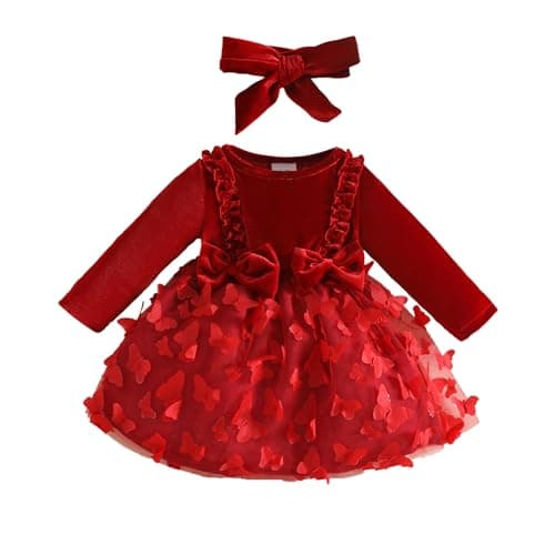 Image of QUNERY Baby Girl Clothes Flower Dress Long Sleeve Butterfly Princess Wedding Birthday Party Bowknot Dresses for Infant Girl Wine red 0-3 Months