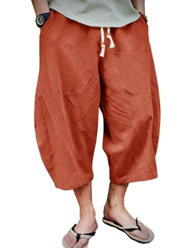 Image of EKLENTSON Mens 3/4 Cotton Linen Shorts Summer Lightweight Loose Casual Capri Pants Elastic Waist Beach Yoga Long Shorts Brick Red,38
