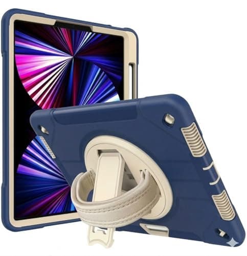 Image of World biz Heavy Duty Case for iPad Pro 12.9 inch (2022/2021/2020/2018, 6th/5th/4th/3rd Gen), Military Grade 3-Layer Full Body Rugged Cover Kickstand, Pencil Holder, Hand Strap (Navy White)