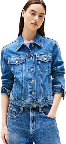 Image of Tommy Jeans Women’s Classic Trucker Denim Jacket with Chest Pockets, Blue (Denim Medium), XL