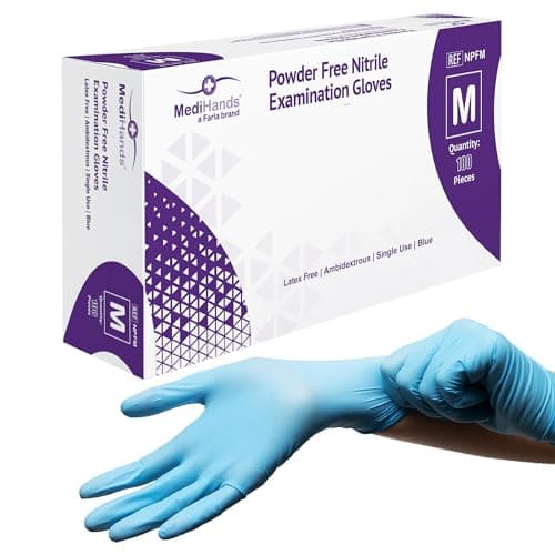 Image of MediHands Nitrile Gloves Medium, Blue Heavy Duty Disposable Glove and Surgical Gloves, Powder Free and Latex Free, Medical, Food, Multi Use, Pack of 100