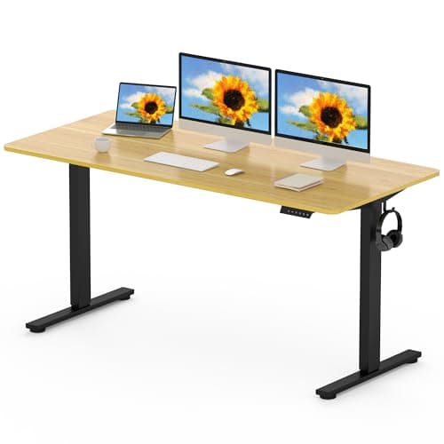 Image of FLEXISPOT 160 x 80cm Electric Standing Desk ONE PIECE Height Adjustable Desk Sit Stand Desk with 4 Memory Smart Panel and Backpack Hook for Home Office, (Black Frame+Maple Desktop)