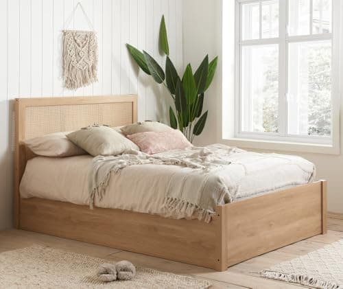 Image of happybeds Ottoman Storage Bed, Croxley Oak Wooden Rattan Ottoman Storage Bed (Oak, 5FT King Size - Frame Only)