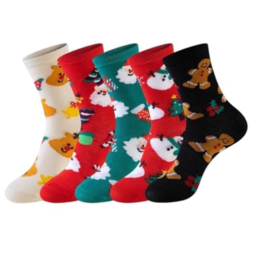 Image of 5 PCS Christmas Socks for Women & Men, Santa Reindeer Snowman Gingerbread Novelty Design, Festive Cozy Footwear for Holiday Season, Christmas Gifts Set for Friend and Family