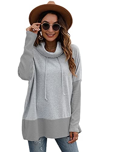 Image of Famulily Women's Hooded Turtleneck Sweater Color Block Long Sleeve Hoodie Sweatshirt Cowl Neck Grey L/XL