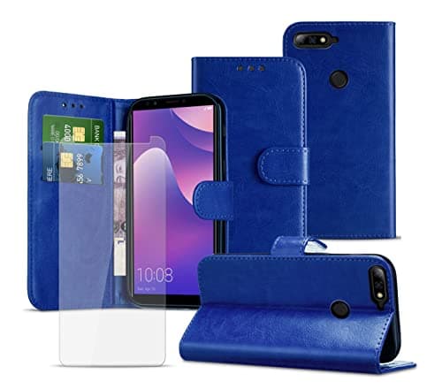 Image of Case Compatible with Nokia 7.1 - Wallet Phone Case Cover Card Slot Case, Kickstand Stand & Shockproof with TEMPERED GLASS SCREEN PROTECTOR Bundle Pack [ DARK BLUE ]