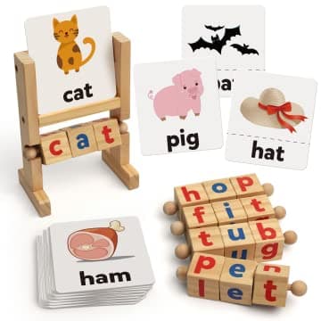 Image of Coogam Wooden Reading Blocks Short Vowel Rods Spelling Games, Flash Cards Turning Rotating Letter Puzzle for kids, Sight Words Spinning Alphabet Learning Toy for Preschool Boys Girls