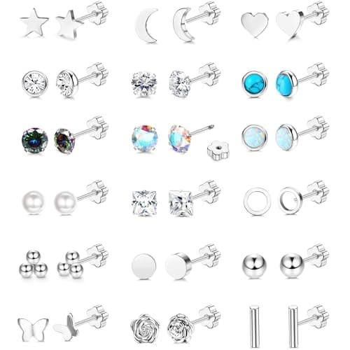 Image of JeweBella 18 Pairs Silver Stud Earrings for Women Flat Back Earrings Surgical Steel Hypoallergenic 20G Helix Tragus Cartilage Earring Set Opal CZ Turquoise Sleeper Earring for Sensitive Ears