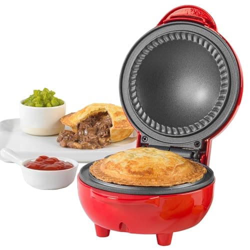 Image of Giles & Posner EK4914 Mini Pie Maker - Deep-Fill Pie Machine, Non-Stick 12.5cm Plate, 3 Minute Preheat, Built-in Crimping Edge, Bake Traditional British Pies, 2.6cm Depth, Cool Touch Handles, Red