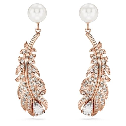 Image of Swarovski Nice Feather Earrings, Pink and Pearl Crystals in a Rose Gold-Tone Setting, from the Nice Collection