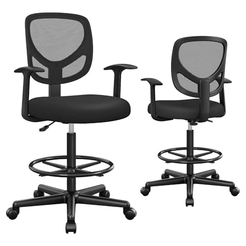Image of SONGMICS Drafting Stool Chair with Armrest, Mesh Office Chair, Ergonomic Painting Chair with Height Adjustable Footrest, 360?Swivel Task Stool, For Standing Desk, Black OBN25BKUK