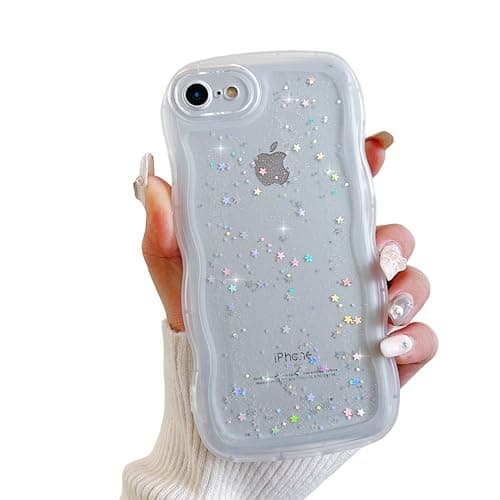 Image of ZTUOK Compatible with iPhone 6/6S Case for Girls Women,Cute Clear Sparkly Bling Star Design Curly Simple Wave Case Shockproof Protective Slim Soft TPU Glitter Cover for iPhone 6/6s-White