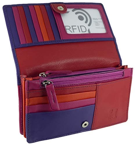 Image of Womens Leather Flapover Matinee Organiser Purse RFID Protection 10 Cards, Notes and Coins (Purple Multi)