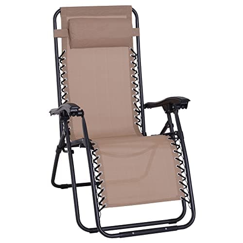 Image of Outsunny Zero Gravity Chair Metal Frame Texteline Armchair Outdoor Folding and Reclining Sun Lounger with Head Pillow for Patio Decking Gardens Camping, Beige