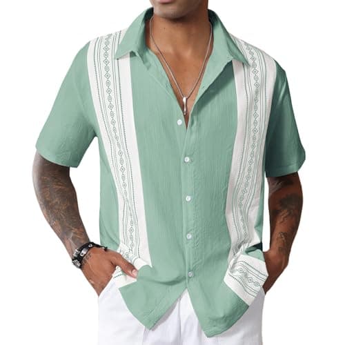 Image of CTU Mens Bowling Shirts Short Sleeve Vintage Printed Shirt Button Down Hawaiian Holiday Shirts for Men Green M