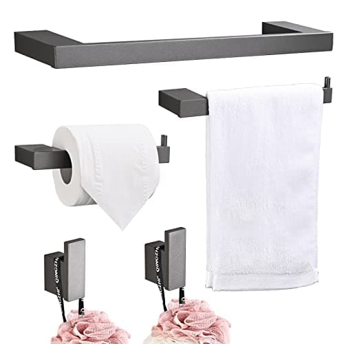 Image of Hoomtaook Bathroom Hardware Set, Grey Aluminium 5-Piece Kit: Towel Rail, Toilet Paper Holder, Wall Hooks