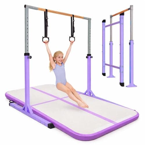 Image of BREEZENEST Adjustable Gymnastics Bar for Kids, 13-Level Height Gym Bars (100-158cm) with Rings - Steel Frame & Beechwood Bar for Home Training, Indoor Outdoor Use (Purple + Cushion)