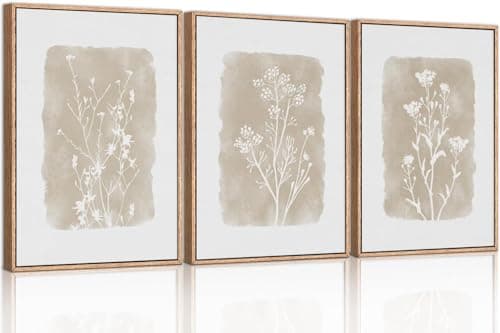Image of TOARTi Botanical Farmhouse Wall Art Set, Framed Boho Plant Wall Decor, Neutral Minimalist Floral Wall Painting, Rustic Wildflower Canvas Art Prints for Living Room Bedroom Bathroom - Large 12"x16"x3