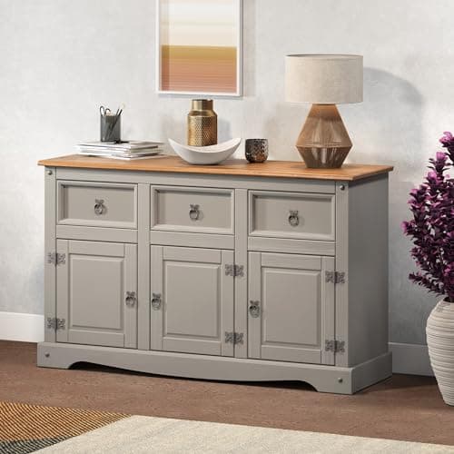 Image of Corona Sideboard Grey Painted Wax 3 Door 3 Drawer Solid Wood Pine Wooden Dresser Cupboard Cabinet Unit Living Room Lounge Hallway Dining Room Kitchen Mexican Style 76cm High 125cm Wide 40cm Deep