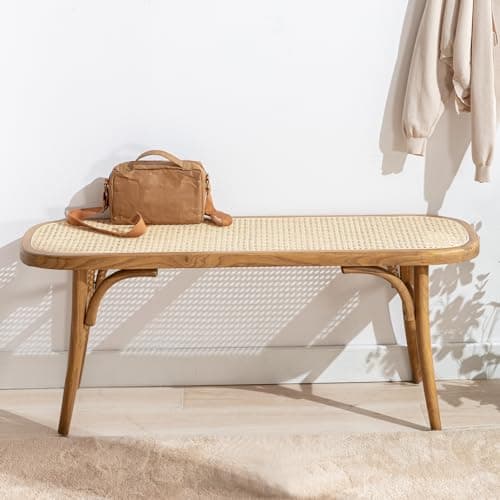 Image of Ya-Home Modern Rattan Ottoman Hallway Sofa Footstool with Wooden Legs, Kitchen Bench for Dining Room, Natural Wood