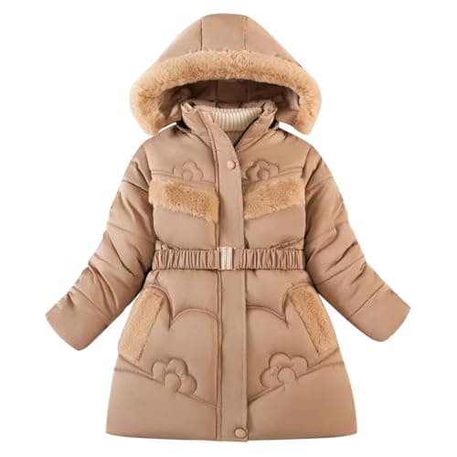 Image of semen Kids Girls Winter Warm Fleece Lined Faux Fur Hooded Jackets Full Zip Up Outerwear School Dress Coats with Belt for Age 5-12 Years