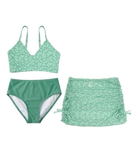Image of SHEKINI Girl's 3 Piece Bikini Set Padded Swimsuit with Skirt Swimwear for Teens(Light Green Floral Print,8 Years- 9 Years)