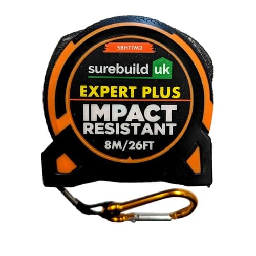 Image of Surebuild UK Impact Tape Measure, 8M Length, 30mm Blade Width, Double-Sided Measurements, Magnetic Hook, Model SBHTTM2