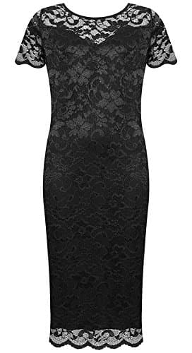 Image of WearAll Plus Size Womens Lace Lined Ladies Short Sleeve Bodycon Midi Dress - Black - 14
