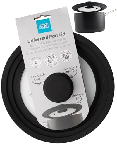 Image of Taylors Eye Witness Universal Pan Lid - 3-in-1 Space Saving Frying Pan Cover, Tempered Glass with Silicone Rim and Oven-Safe, Cool Touch Knob. Fits 16cm, 18cm, & 20cm Pans, Pots & Casseroles Dishes