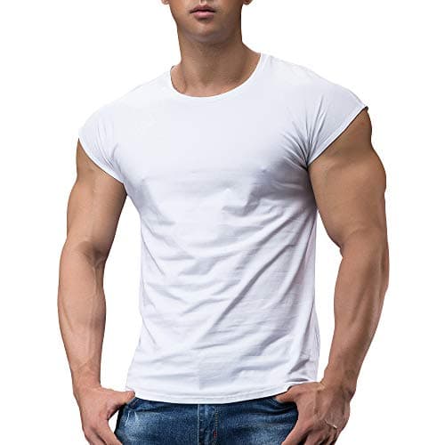 Image of Men Athletic T Shirts Tees Short Sleeve Muscle Cut for Bodybuilding Workout Training Fitness Tops Crew Neck Cotton White M