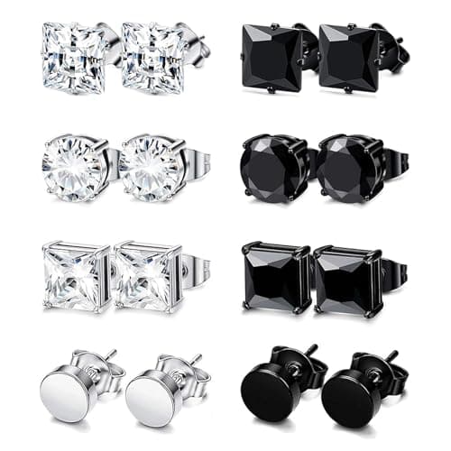 Image of 8 Pairs Mens Stud Earrings, Stainless Steel Men Earrings Boys Earrings 6/8mm Black Silver Earrings Studs Hypoallergenic Zircon Studs for Men Boy Gift for Birthday Father's Day(Black+Silver-6mm)