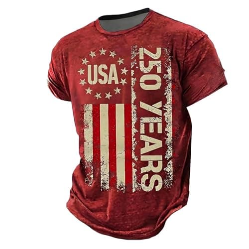 Image of America 250 Shirt Mens 250Th Anniversary USA Shirt America Flag Print Crew Neck Short Sleeve Casual T-Shirts Distressed Patriotic Tees Top Plus Size Red