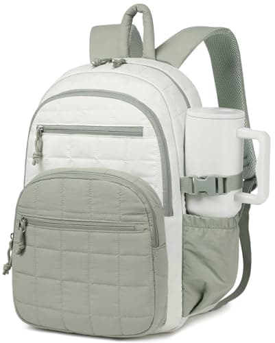 Image of CLOKARS Quilted Laptop Backpack Bookbag for Women, Puffer Work Bag Schoolbag for College High School Students, White Green, 15.6in