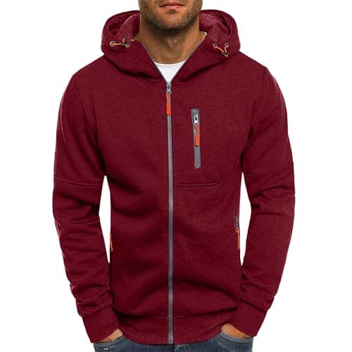 Image of Mens Hoodies Casual Fleece Hooded Sweatshirt Full-Zip Long Sleeve Pullover Hoody Tops Red 3XL